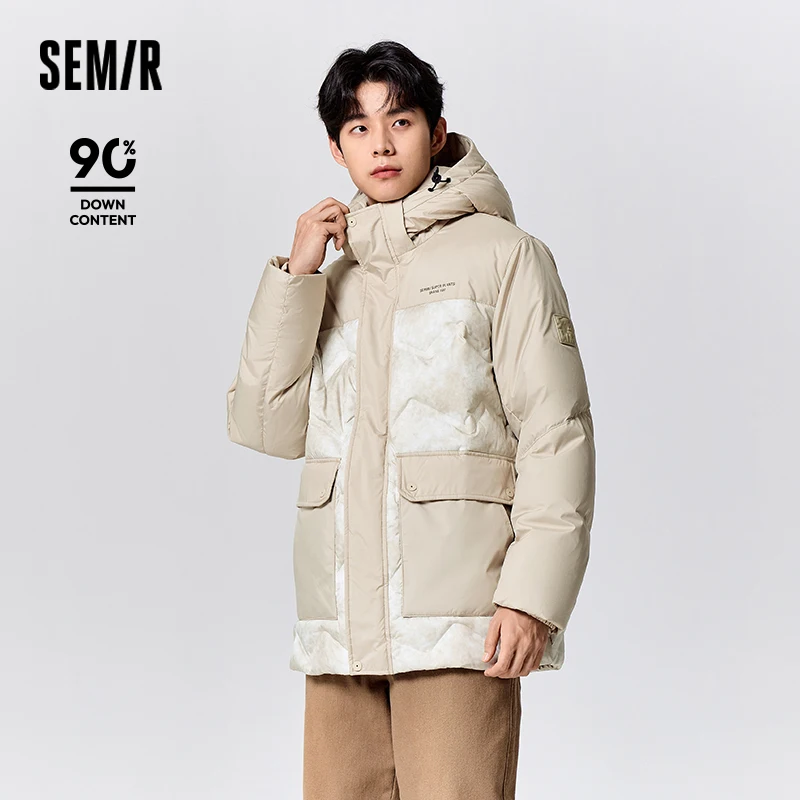 Semir Down Jacket Men Mid-Length Loose Hooded Winter Outdoor Workwear Style Printed Coat