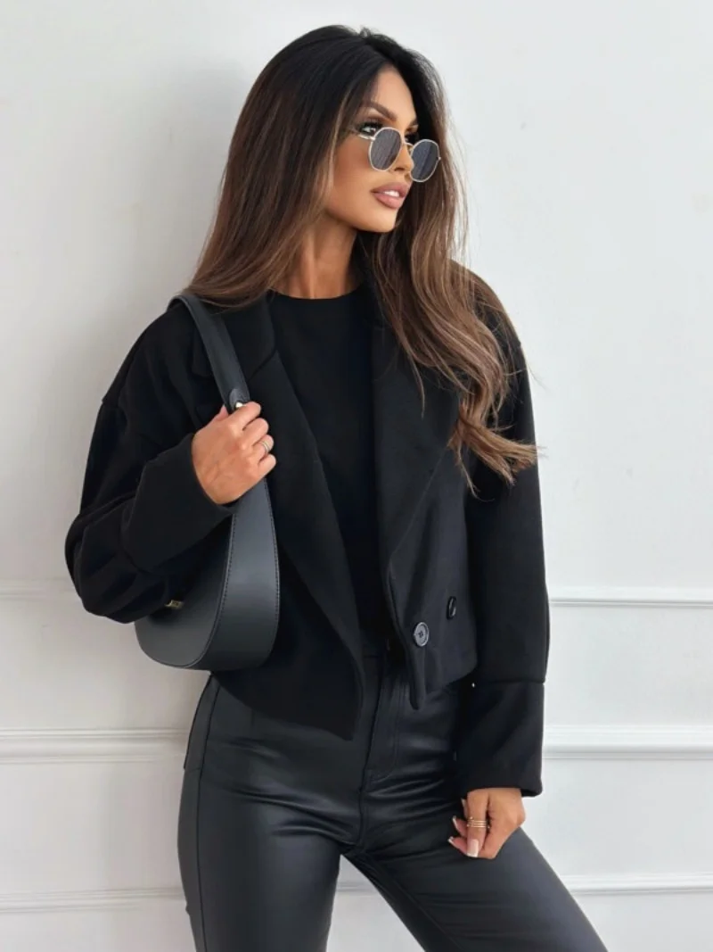 Ležérní kardigan bunda s klopovým límcem, stylový dámský podzimní zimní kabát, krátký odkládací kabát pro denní nošení, jednobarevný, volný střih, ale - náhled 6