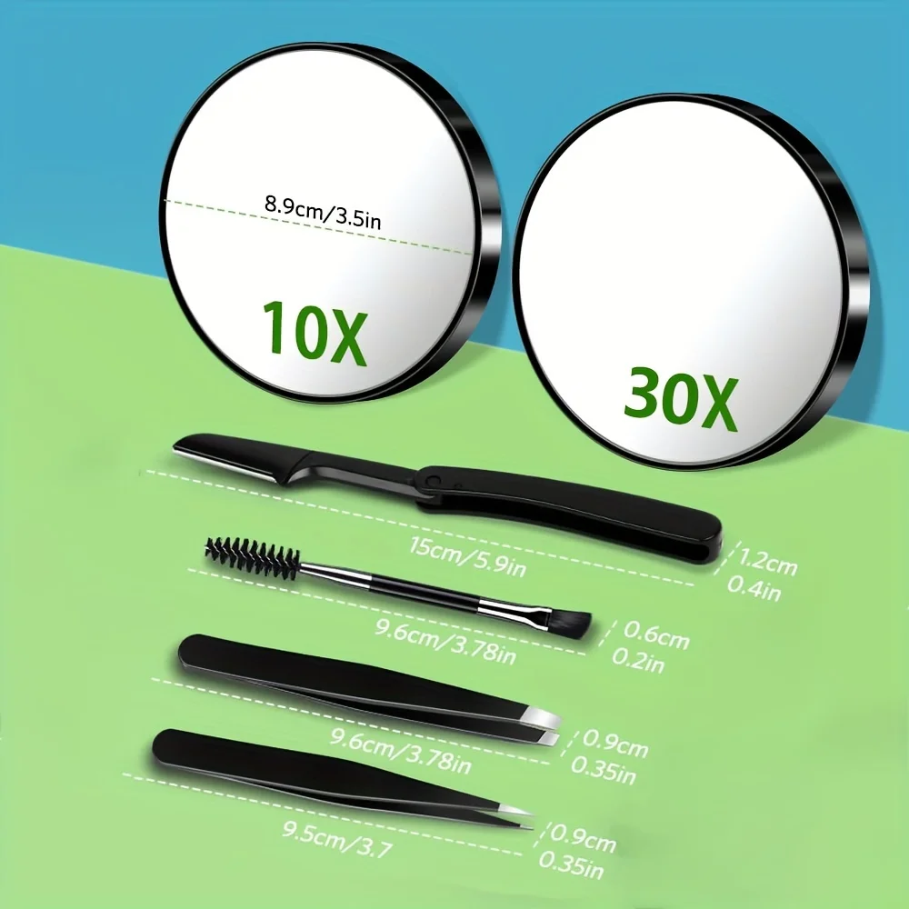 1/3/6pcs Magnifying Mirror and Eyebrow Tweezer Set, 10X & 25X Magnified Makeup Mirrors with 2 Suction Cups, Tweezers and Eyebrow