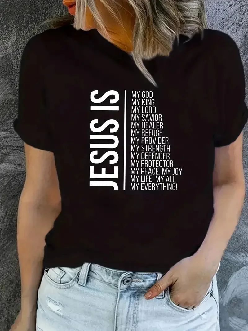 Jesus Is Print Faith Graphic T-Shirt, Short Sleeve Crew Neck Casual Top For Spring & Summer, Women's Clothing