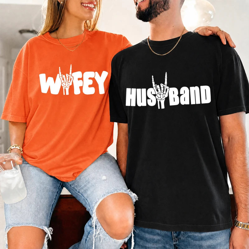 Wifey Husband Matching Couple T‑Shirts Skeleton Rock Hand Graphic Tee Halloween Wedding Anniversary Partner Short Sleeve Tops