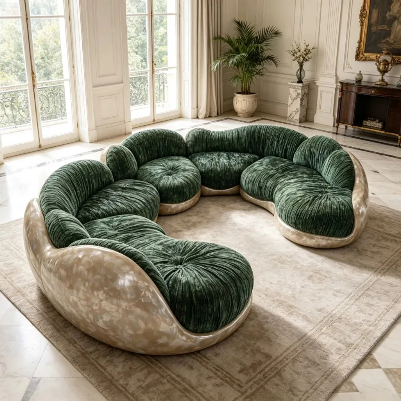 Fiberglass frame multi-seat leisure sofa tufted velvet curved combination sofa