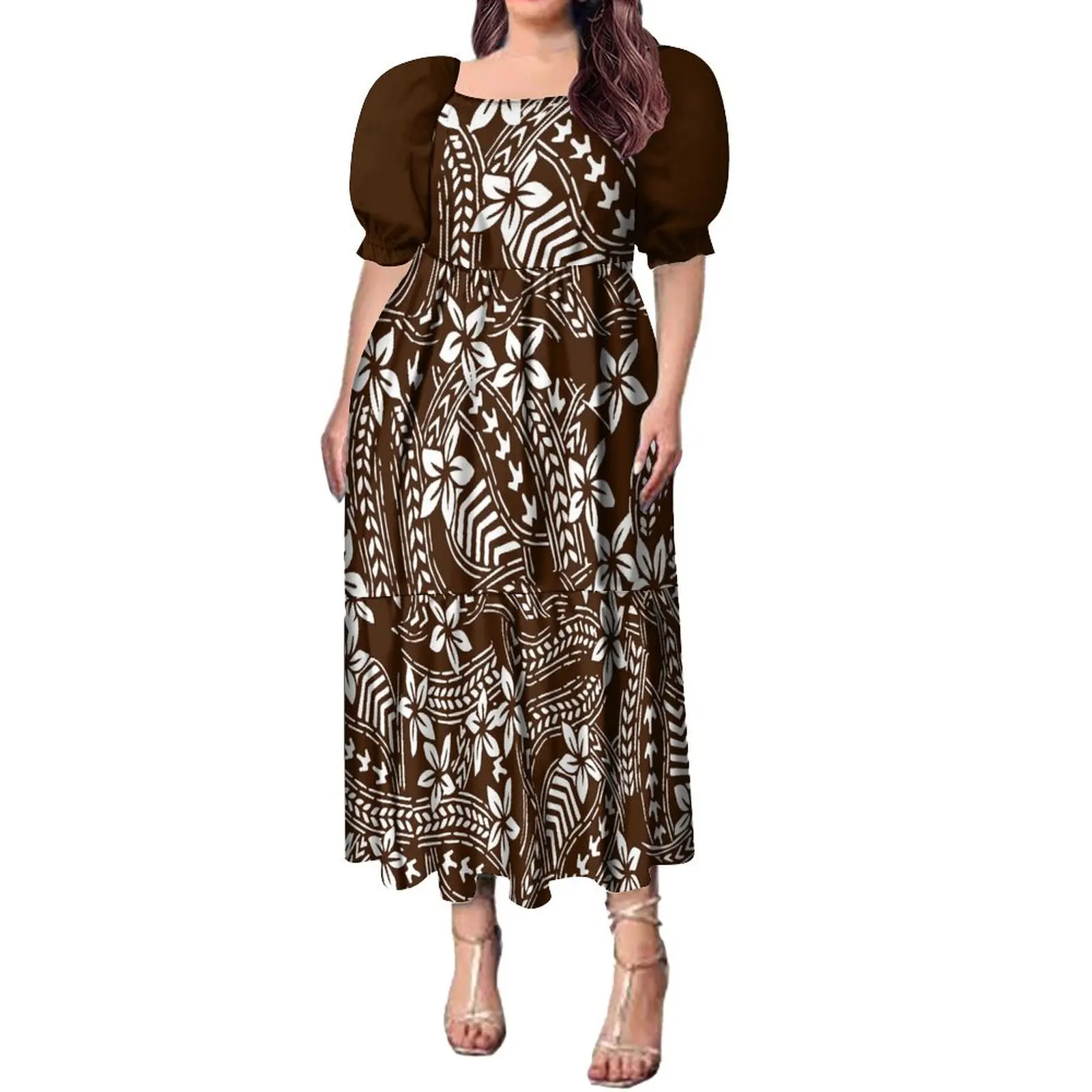 Hot Selling Women'S Puffy Sleeve Dress High Quality Hawaiian Fashion Short Sleeve Long Skirt Midi Party Dress Polynesian Design