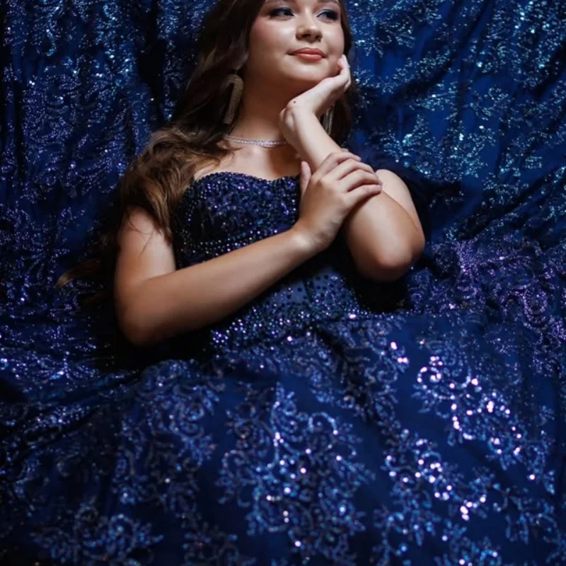

Shiny Dark Blue Quinceanera Dress Crystal off-shoulder Glitter Flower Decal Long tail Vestidos De 15 Quinceanera ﻿Customize