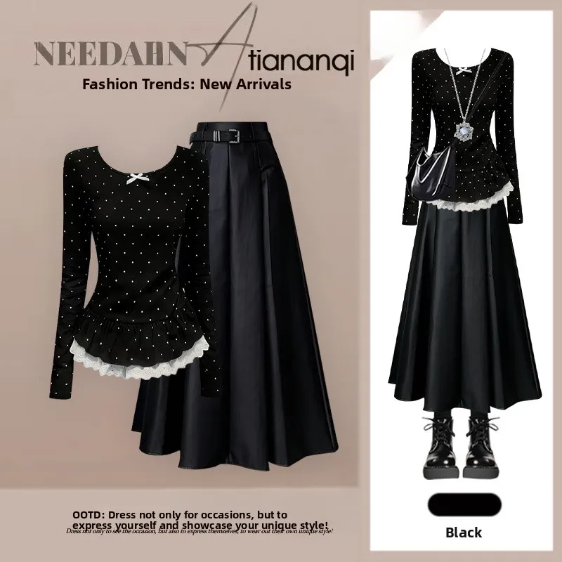 

Spring 2026 Women's Gentle Sle Slimming Polka Dot Long Sve Top High Waist Skirt Two Piece Set Faionable Casual Wear