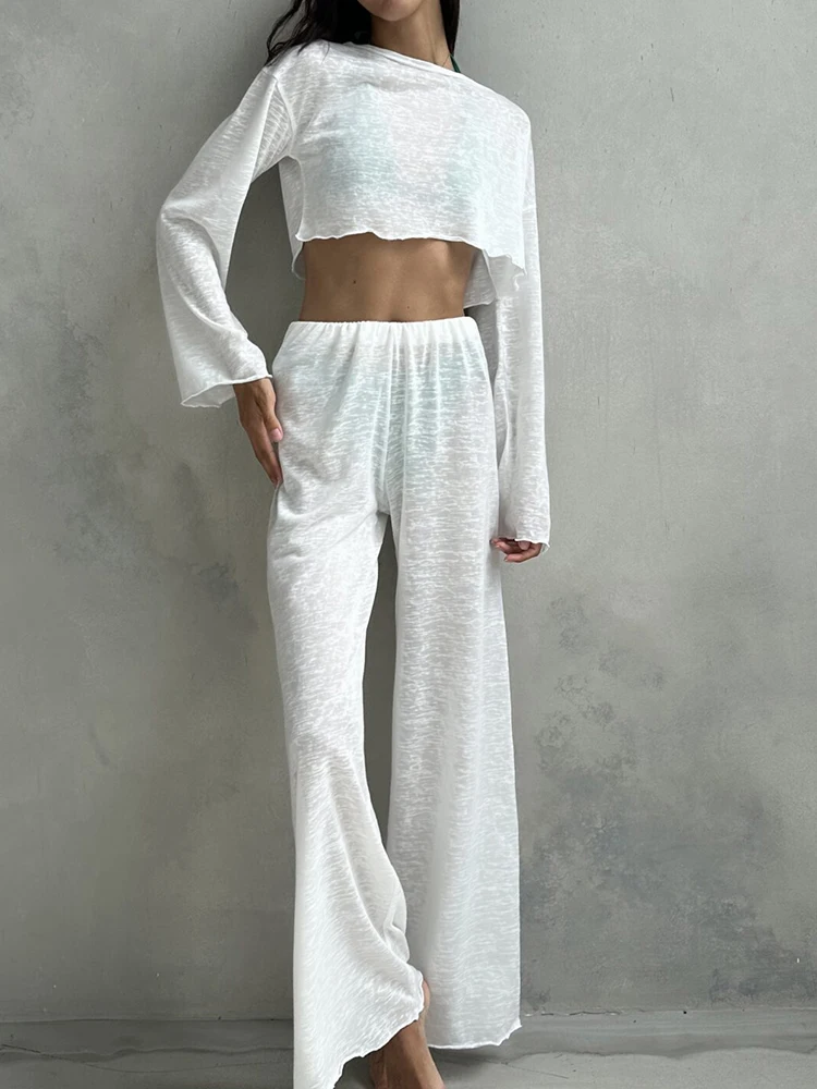 Linad Loose Pajamas For Women 2 Piece Sets White Long Sleeve O Neck Crop Top Female Trouser Suits 2024 Autumn Casual Sleepwear