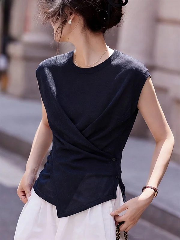 

Basic House Women's round Ne Svel Knitted Vest Waist-Cinching Top Casual Sle Loose Fit Regular Length Summer 2026