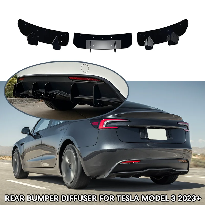 

For Tesla Model 3 2023+ Accessories 6 Fins Car Modified Rear Bumper Diffuser Protector Side Splitters Spoiler Lip Glossy Black