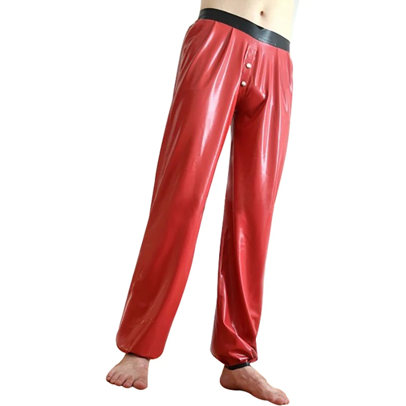 Red And Black Sexy Latex Pajamas Pants With Buttons Front Rubber Trousers Bottoms CK-0120