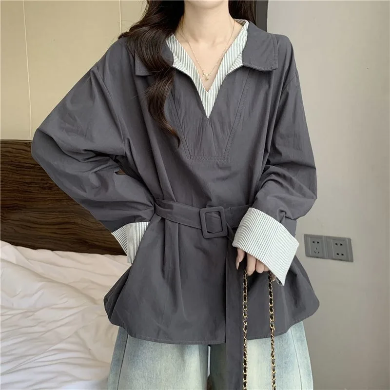 French Chic Contrasting Color Splicing Striped Fake Two-piece Shirt Autumn New Versatile Slimming Temperament POLO Collar