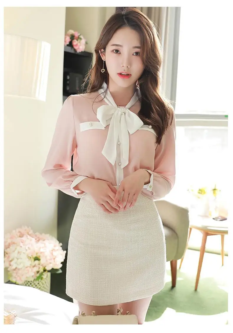 Chiffon Shirt Women\'s Pullover Spring and Autumn New Style Bow Tie Tie Small Shirt Loose Long Sleeved Top