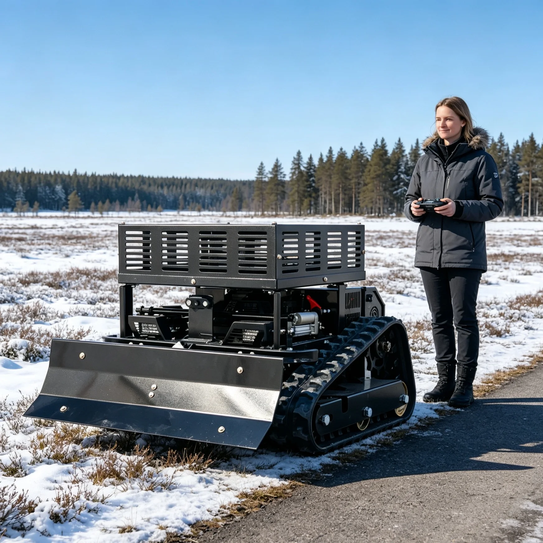 Customized 550 remote‑operated lawn mower with expandable storage rack, digital display screen and optional snow shovel