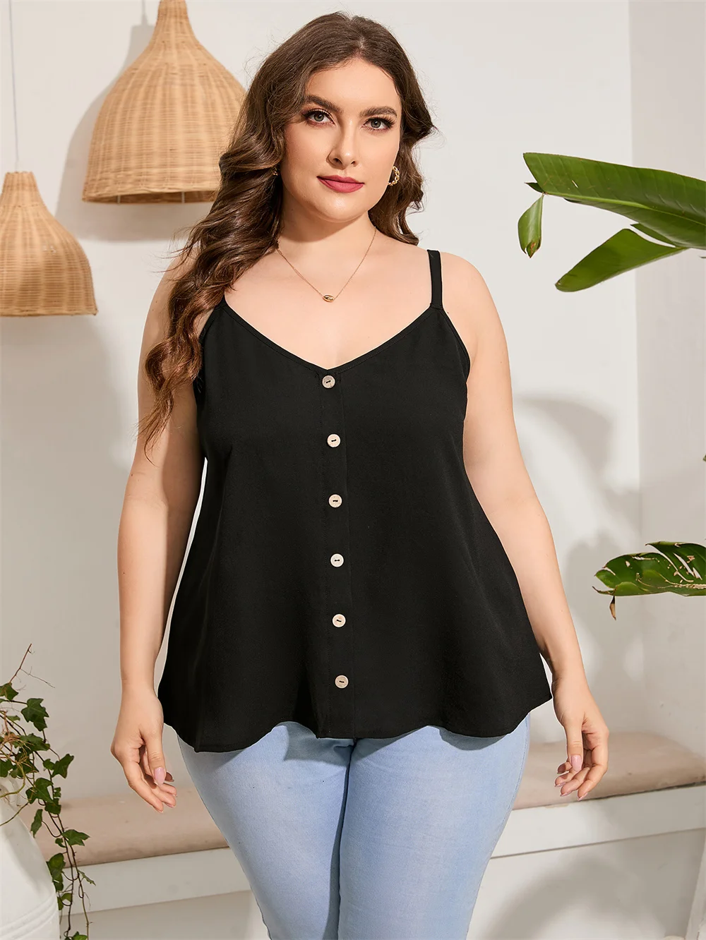 GIBSIE-Camiseta de talla grande para mujer, Top negro con cuello en V, sin mangas, Espalda descubierta, Top informal con botones delanteros, camisetas sin mangas