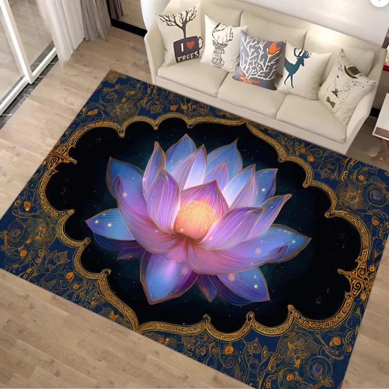 Golden Frame Purple Lotus Starry print large Rug,living room sofa,bedroom bedside,lounge Entry Door Mat,Washable Rug,Gift
