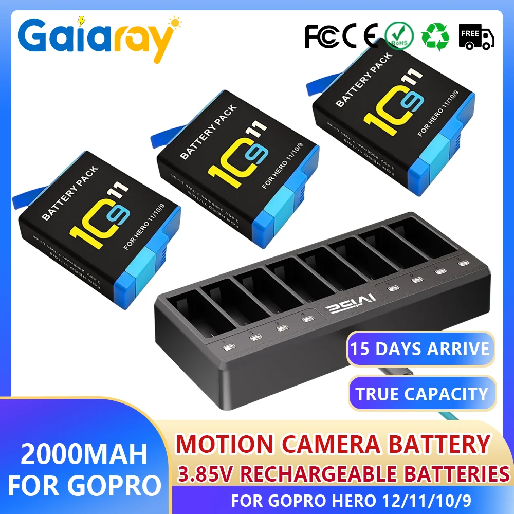 2000mAh Battery For GoPro Hero 12 11 10 9 Black 8-Ways Fast Charger Port for GoPro Hero 9 Go Pro 10 hero 11 12 Sport Cameras