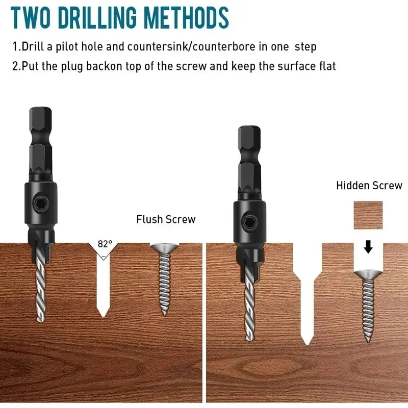 Set di punte da trapano per svasatore per la lavorazione del legno da 5 pezzi, con gambo esagonale da 1/4" per la lavorazione del legno fai-da-te con una chiave a L # 5 # 6 # 8 # 10 # 12