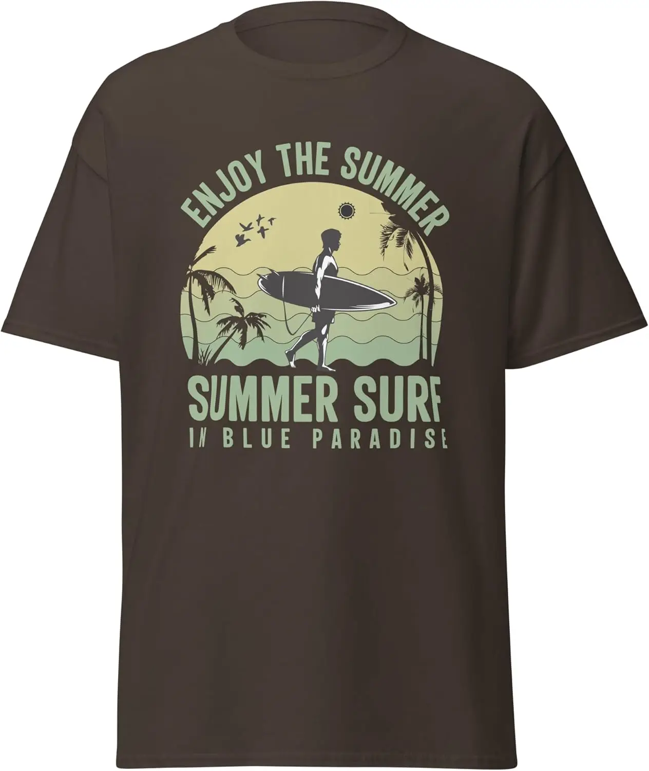 Наслаждайтесь летним серфингом в синем раю, морском море, пляже, солнечном свете, волнистой футболке