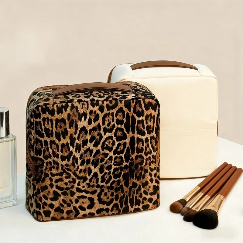 New Leopard Print Wide Opening Stand-Up Cosmetic Bag with Handle Fits on Suitcase Multifunctional Portable Makeup Storage Case