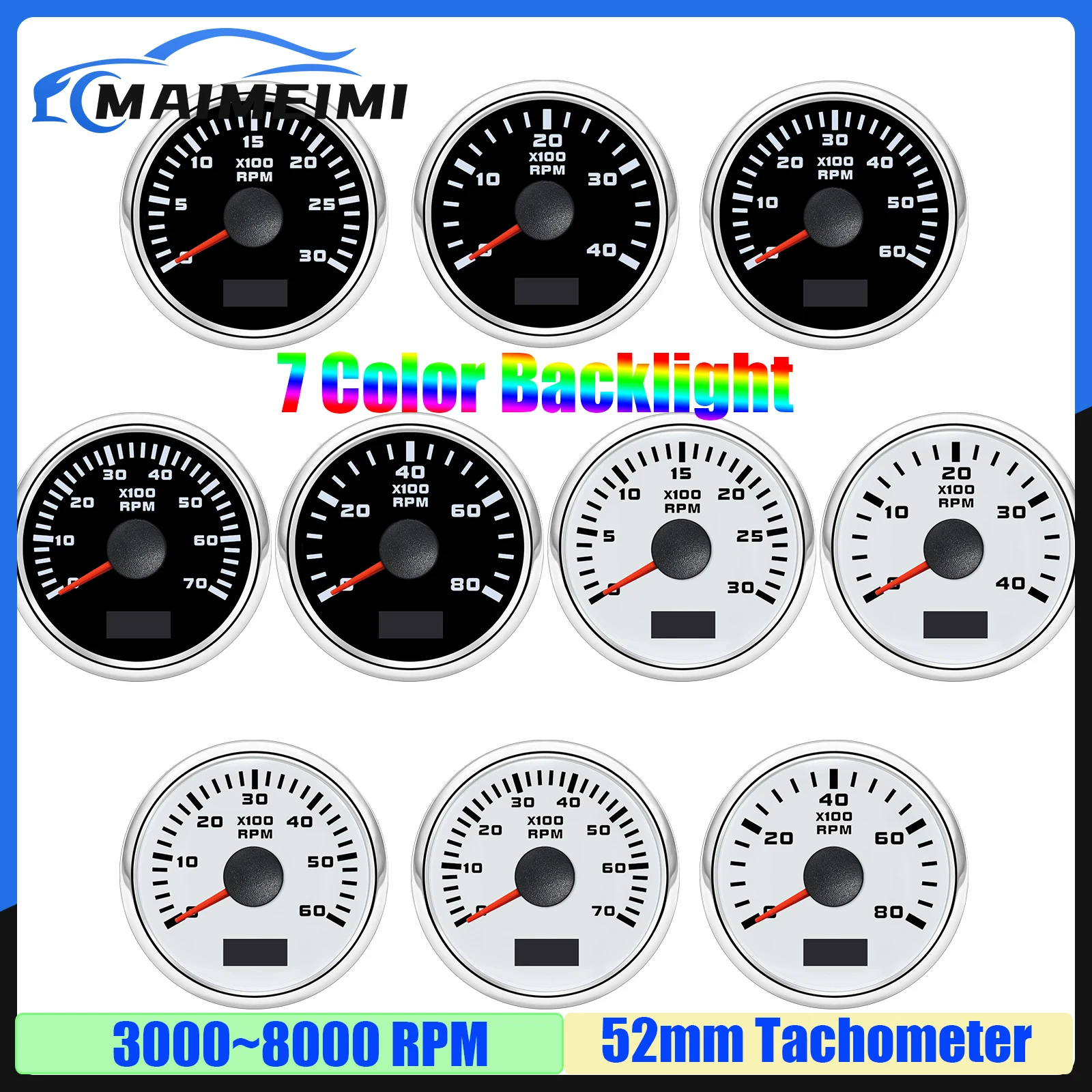 3000/4000/6000/7000/8000 RPM 52mm Tachometer 7 Color LED Tacho Gauge for Car Boat Yacht Marine Tachometer Waterproof DC12V24V
