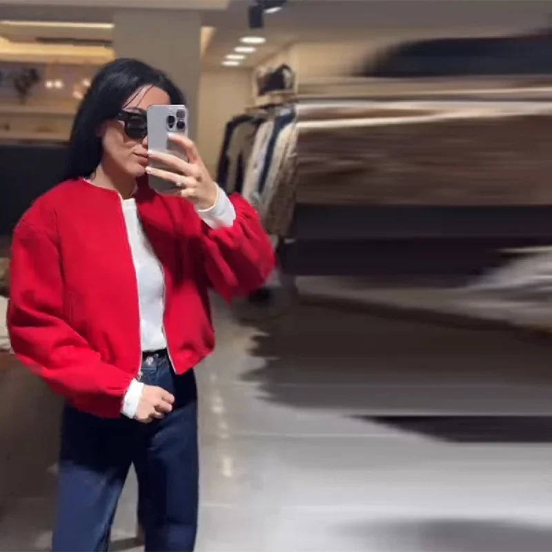 Fashion Zipper Bomber Jackets For Women Retro Round Neck Long Sleeve Elastic Hem Cropped Coats 2025 New Casual Sports Outwears