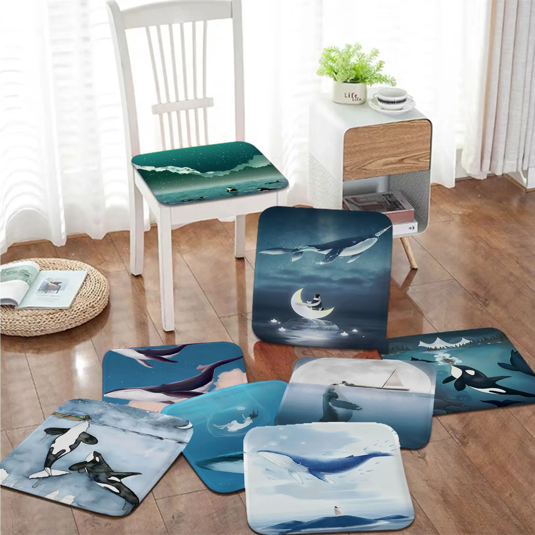 

Blue Watercolor Marine Animals Four Seasons Seat Cushion Office Dining Stool Pad Sponge Sofa Mat Non-Slip Sofa Decor Tatami