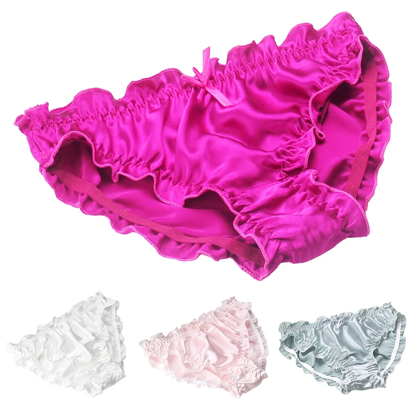 

100% Silk Bow Panties Female Ladies Seamless Underwear Comfortable Breathable Satin Briefs Sexy Pure Color ruffle Plus-Size Pant