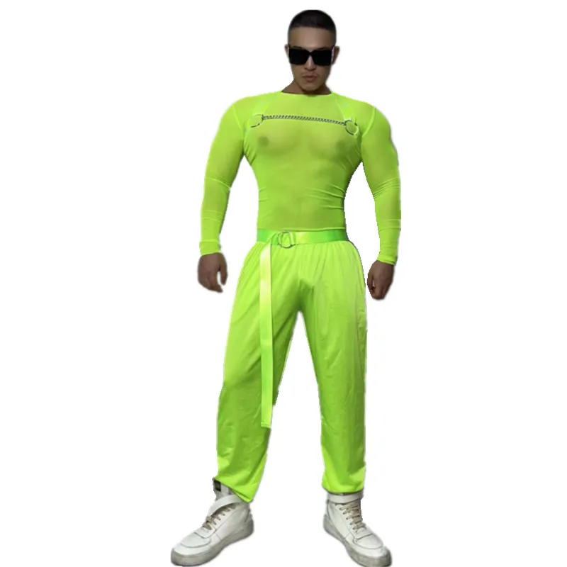 

Nightclub Bar Muscle Man DJ Gogo Costume Sexy Transparent Fluorescent Green Pole Dance Costume Dancer Team Party Rave Stage Wear