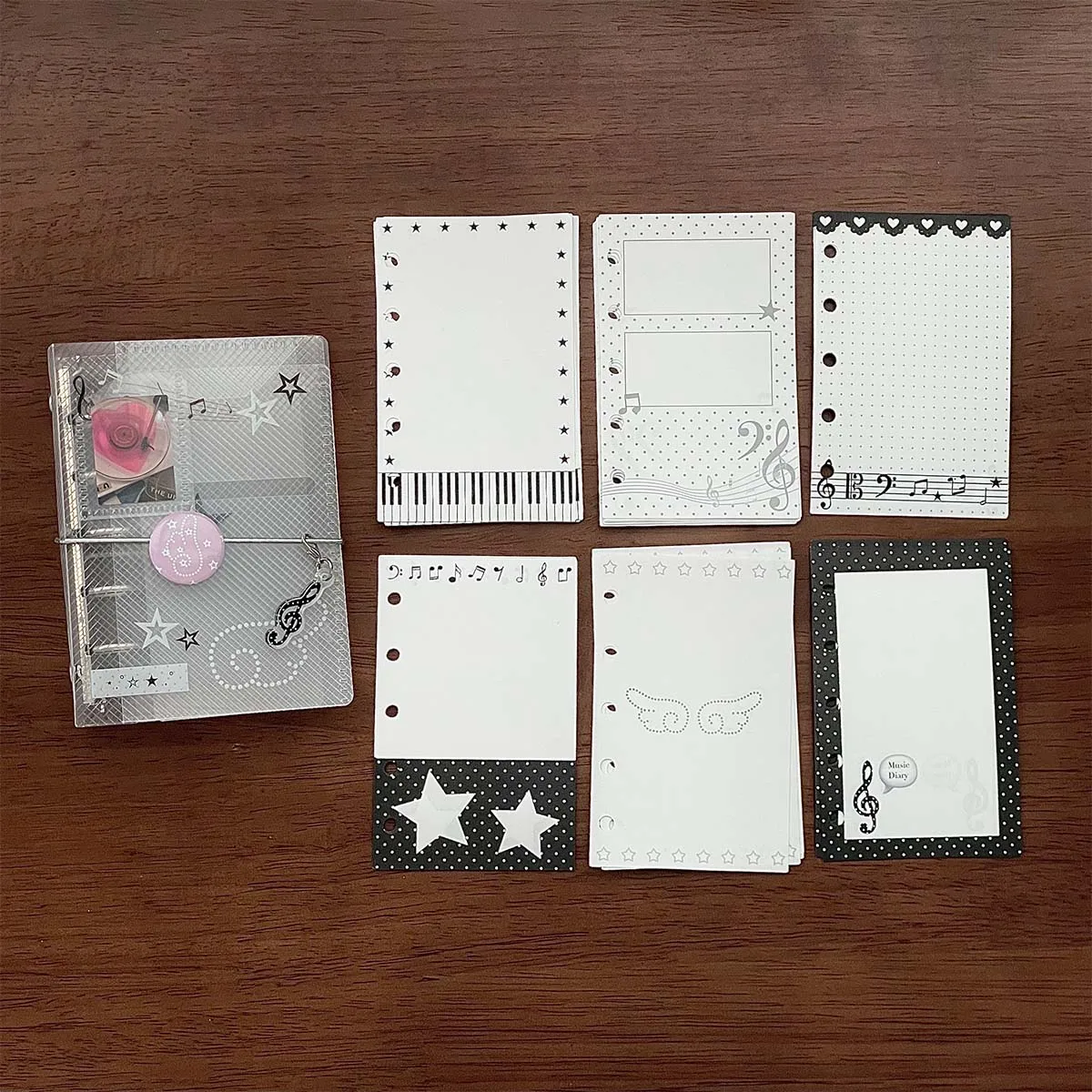 Music Theme M5 Binder Notebook Scrapbook PP Twill Tri-Fold with Tie Closure Photo Album Card Organizer Portable Planner