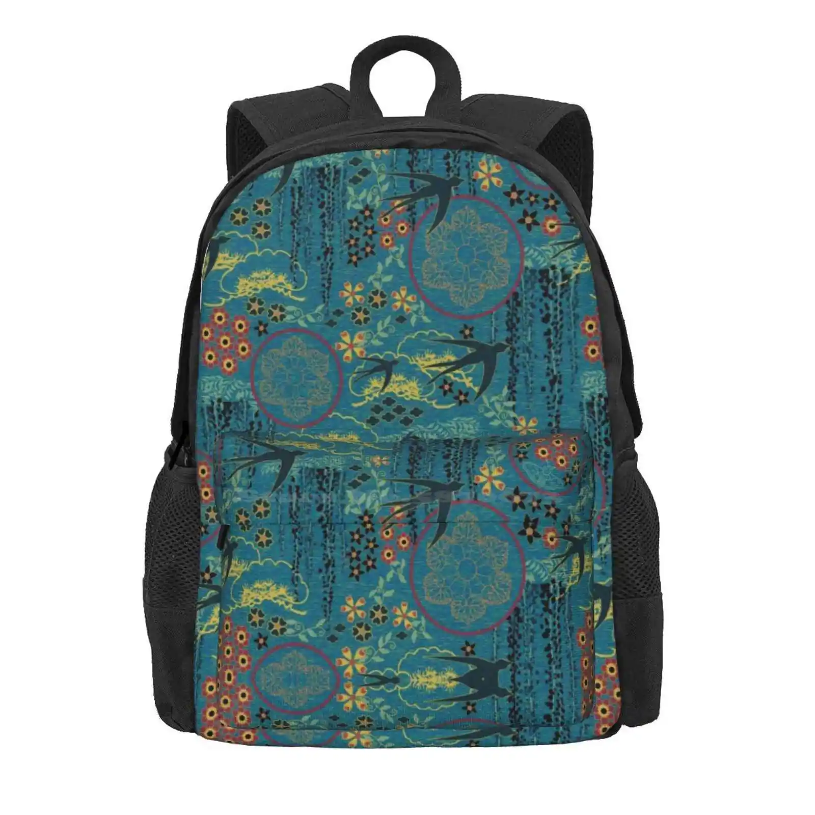 Japanese Garden In Teal Gold Red And Black Hot Sale Schoolbag Backpack Fashion Bags Japanese Garden Gardens Swallows Birds Teal