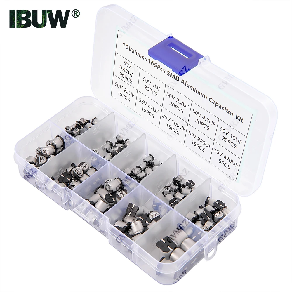 165PCS 10Values SMD Aluminum Electrolytic Capacitor Sample Box - Assorted Kit for Electronics DIY Repair Projects