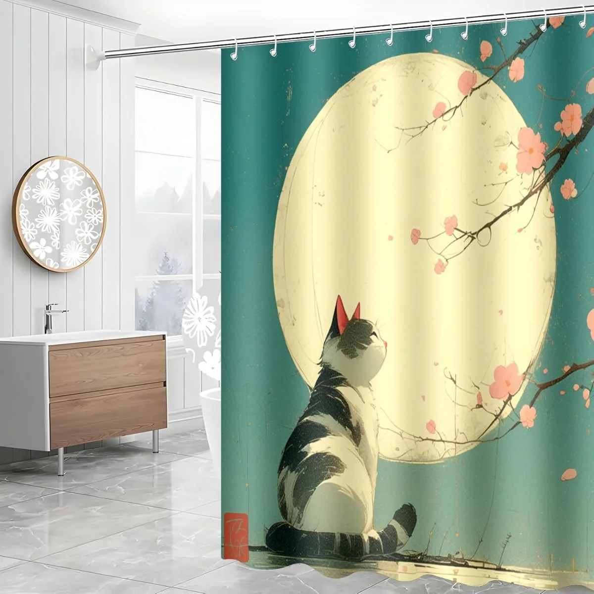 Surfing Cat Shower Curtain- Durable Polyester Bathroom Decor with Non-Fade Easy Clean Design, Includes Hooks, Stylish Animal The