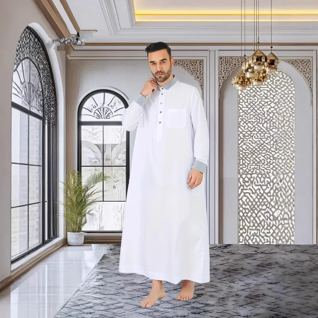 

Men's Muslim Arab Men Robe Long Sleeve Stand Collar Jubba Thobe Ramadan Eid Islam Clothing Dubai Abaya Kaftan Daffah Dishdasha
