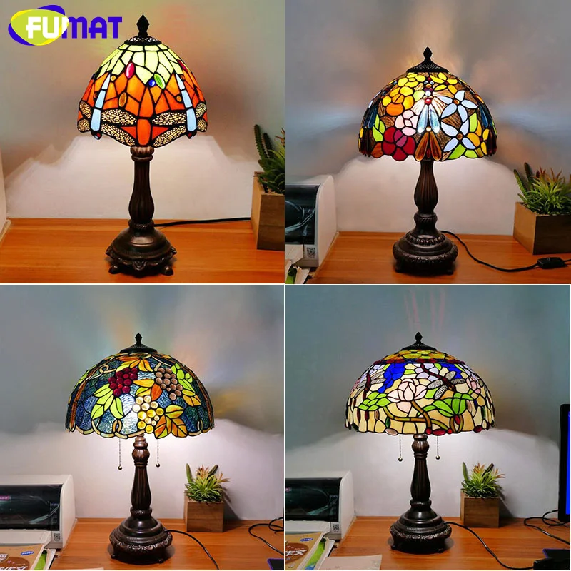 

FUMAT Tiffany style stained glass European pastoral retro table lamp for bedroom bedside lamp restaurant cafe study LED decor