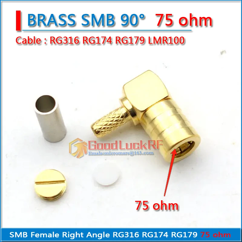75ohm SMB Female 90 Degree Right Angle Crimp for RG316 RG174 RG179 LMR100 Cable Plug Gold Plated Coaxial low loss RF Connector - view 3