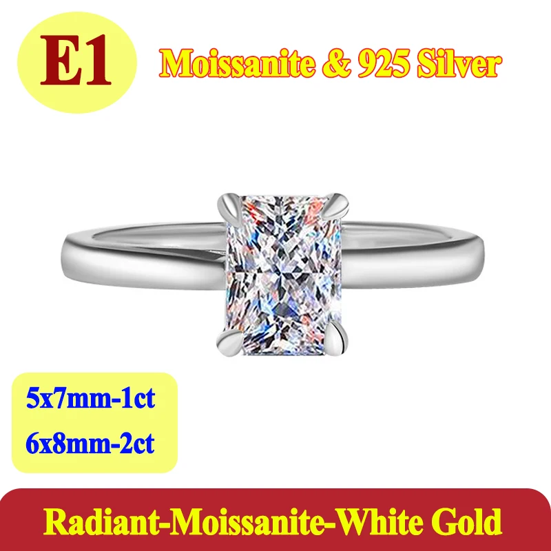 Bagues de luxe en moissanite radiante de 1 à 2 carats pour femme, bijoux en argent sterling 925, bag