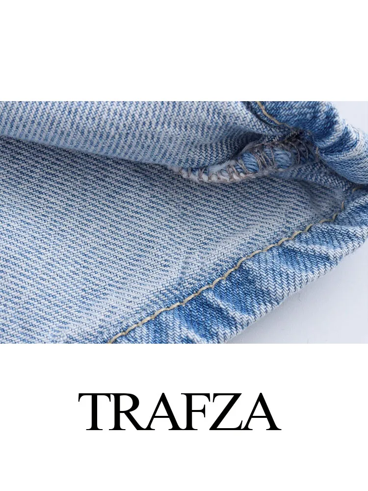 TRAFZA ​​2024 Female Jumpsuit Denim Blue Sleeveless Backless Pockets Single Breasted Trouser High Street Woman Wide Leg Rompers