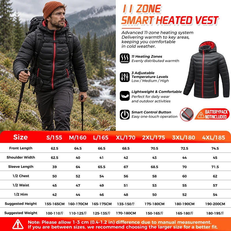 Smart Heated Coat 11 Zones Lightweight Electric Jacket Winter Warm Windproof Thermal Ski Wear Mountaineering Padded Outerwear