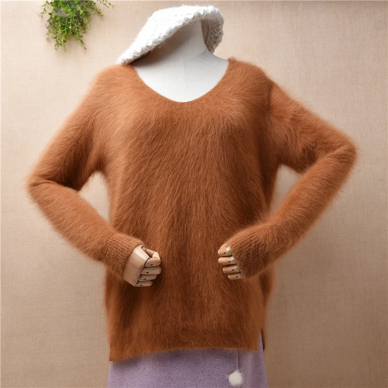 04 Ladies Women Fall Winter Clothing Hairy Mink Cashmere Knitted V-Neck Split Slim Blouses Pullover Jumper Sweater Pull Tops