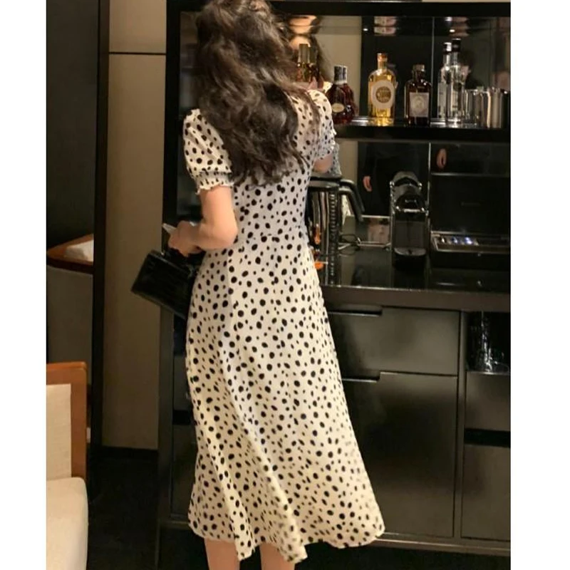 Summer Long Dresses For Women Square Collar Short Sleeve High Waist Female Large Size Elegant High Split White Wave Point Robe