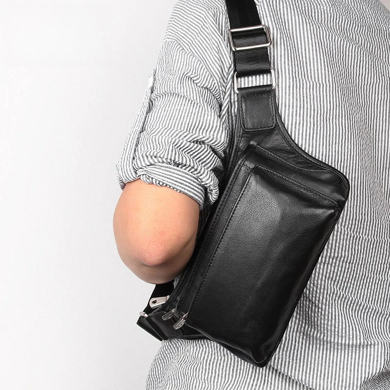 New Fashion Genuine Leather Waist Bag, Large Capacity Black Top Grain Cowhide Crossbody Chest Bag for Men
