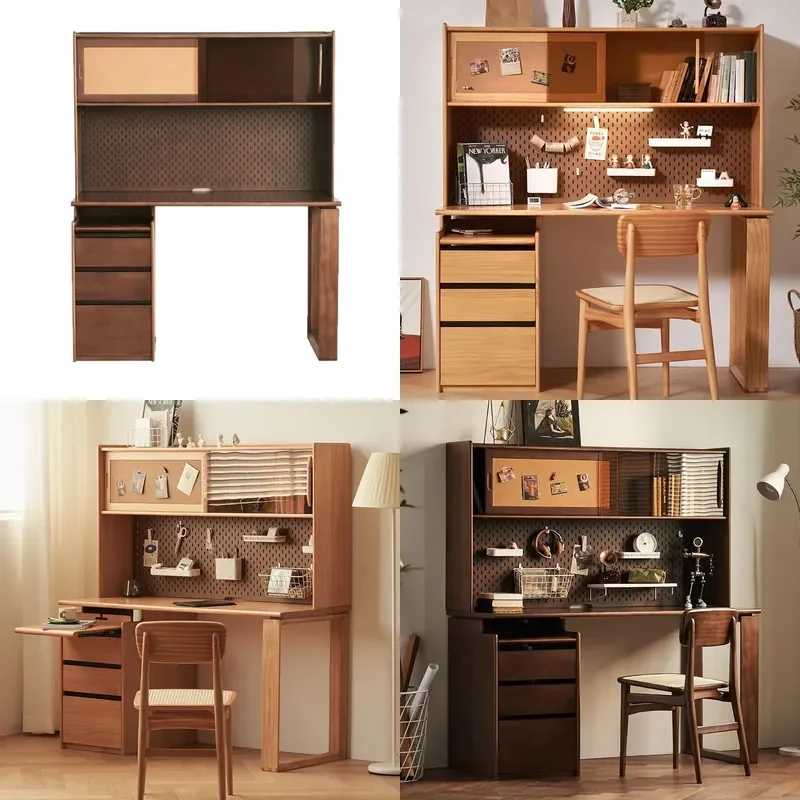 Nordic Solid Wood Desk with Bookshelf Integrated Pegboard Study Table for Students Home Office Computer Workstation