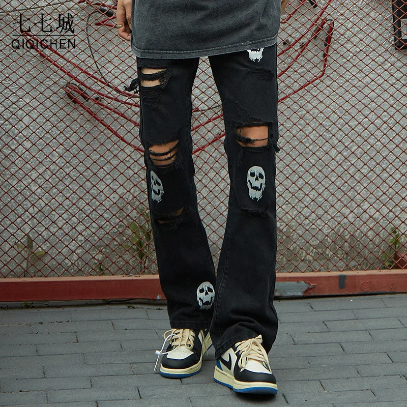 

Hip Hop Frayed Jeans Pants Men Vintage Washed Harajuku Vibe Style Irregular Hole Denim Trouser Y2K High Street Loose Casual Pant