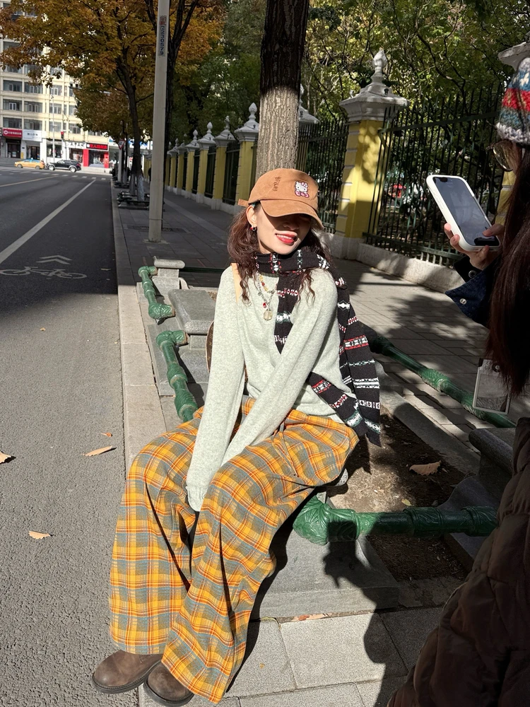 

Ideal American Sle Plaid Pants High Waist Wide Leg Casual Trousers Thiened Loose Fit Cartoon Print Autumn Winter Wear