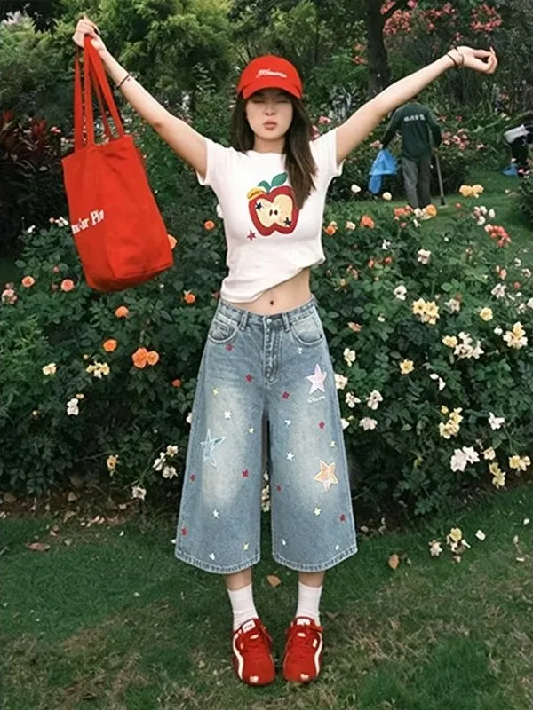 

American Style High Waist Wide Leg Jeans Women's plus Size Summer Loose Fit Star Embroidery Denim Pants Casual High Waist