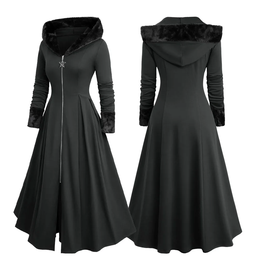 

ROSEGAL Plus Size Star Zipper Fur Trim Hooded Long Sleeves Coat Women's Spring Autumn Casual Outwears Black Wide-waisted Coats