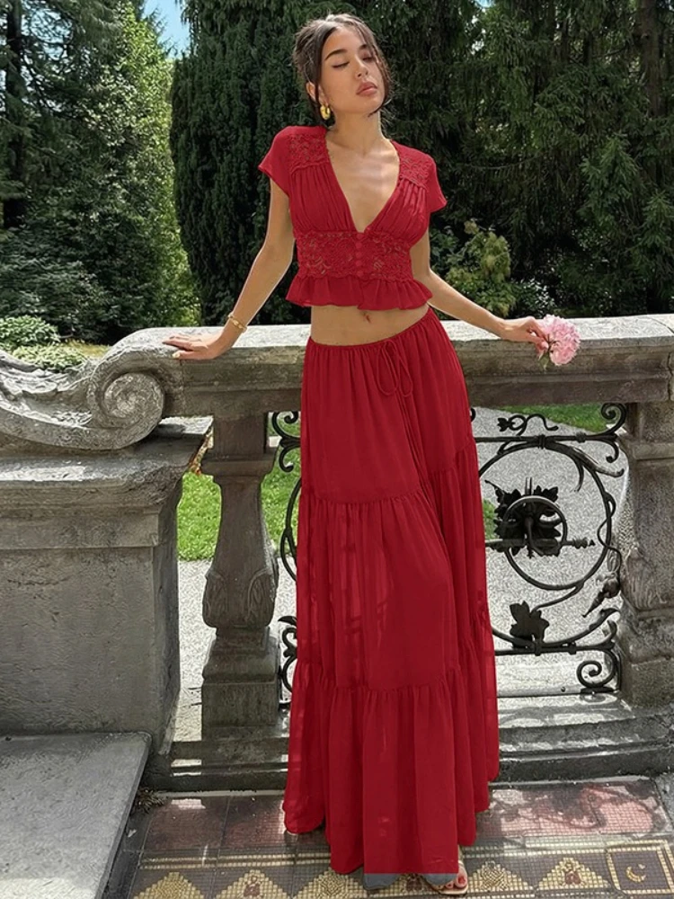 

Elegant Lace Patchwork Long Vacation Dress Two Piece Set for Women 2026 Chic V-neck Short Sleeve Tops and Skirts Suit Streetwear