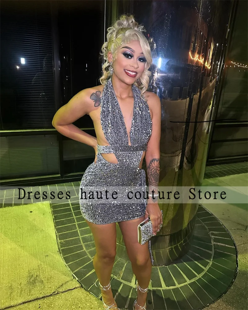 

New Arrivals Sparkly Slivers Sequins Halter Prom Dresses 2025 Black Girls Customized Mini Cocktail Dresses Women Birthday Gowns