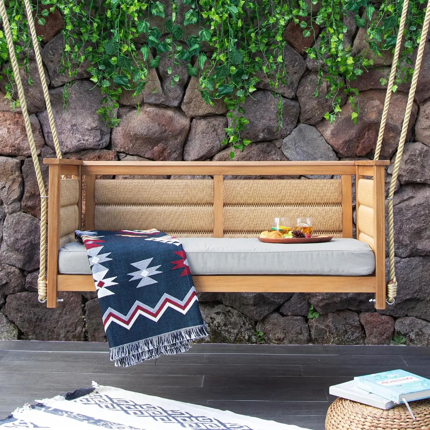 

Blaine Teak Porch Swing Oyster Cushion Solid Wood Outdoor 2-Seater Weather-Resistant Comfortable Hanging Chair