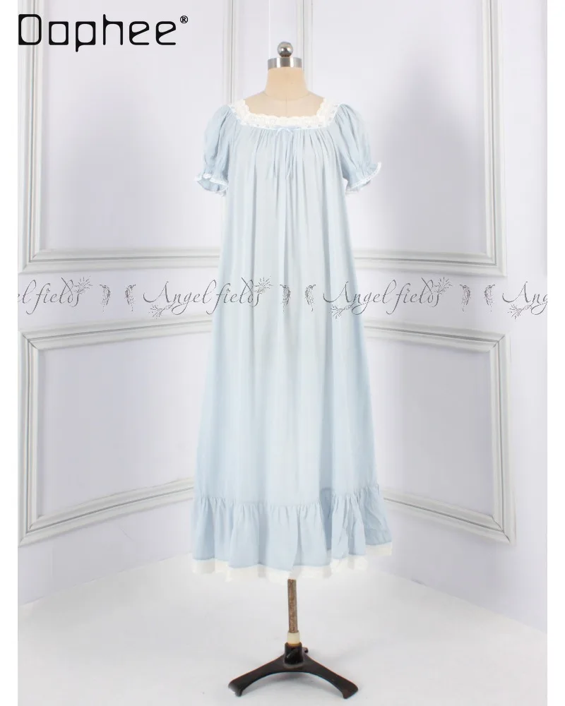 French-style Gentle Princess-style Nightgown Square Neckline Lace Trim Ruffled Sleeves Long Skirt Comfortable Women Homewear