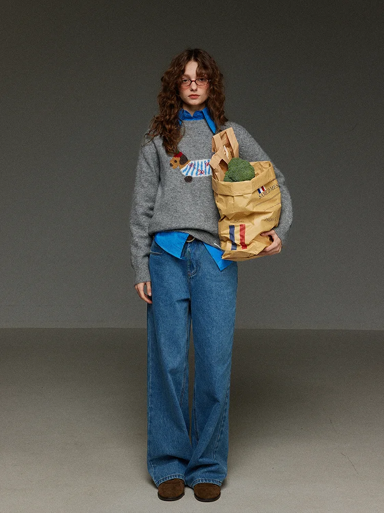 

Gray Knitted round Neck Sweater Women's Autumn Winter Fashion Sausage Dog Pattern Loose Fit Long Sleeve Casual Style Top